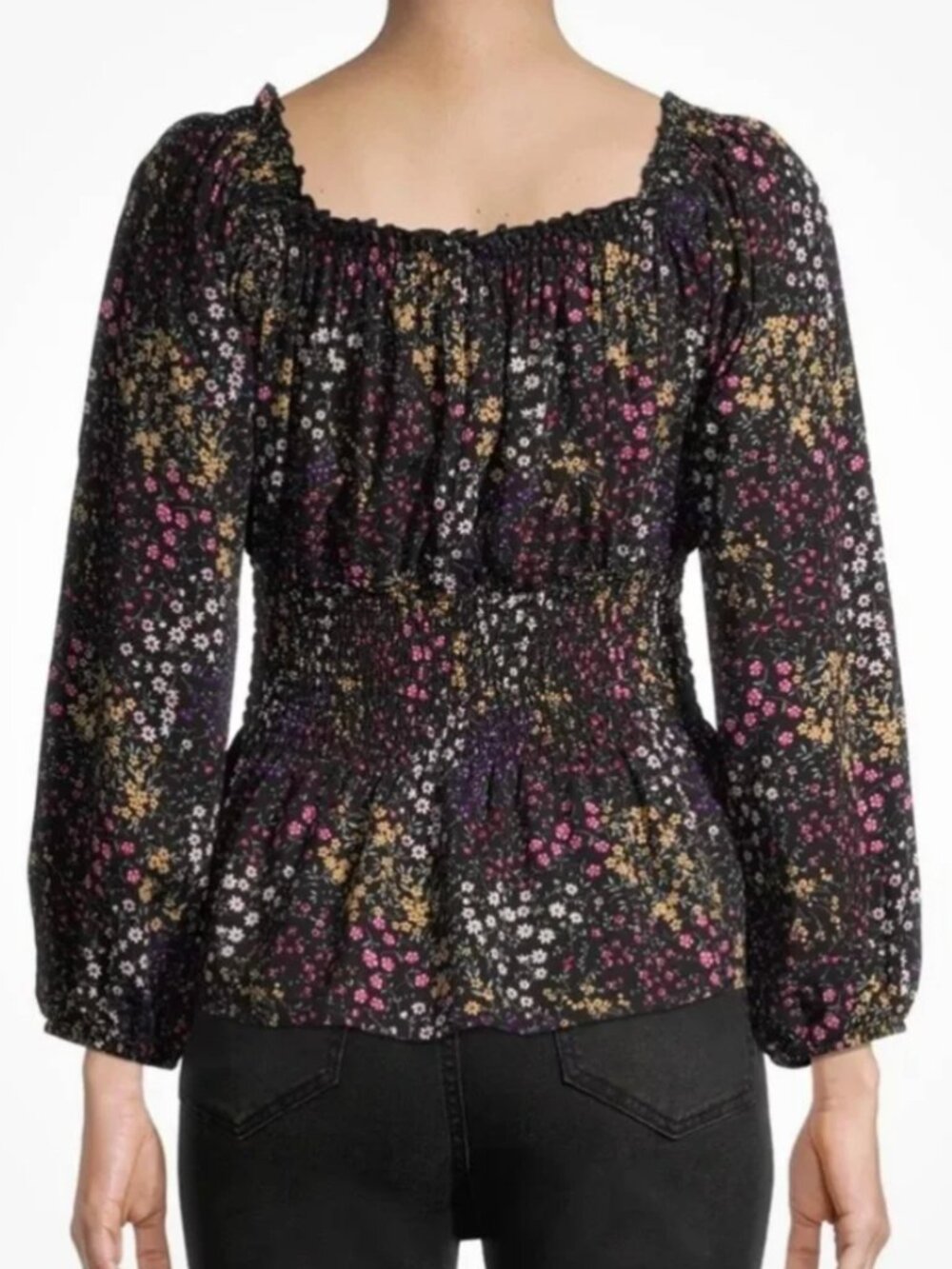 No Boundaries 100% Rayon Black Floral Rouched Waist Peasant Blouse Top women XXL - Picture 15 of 17
